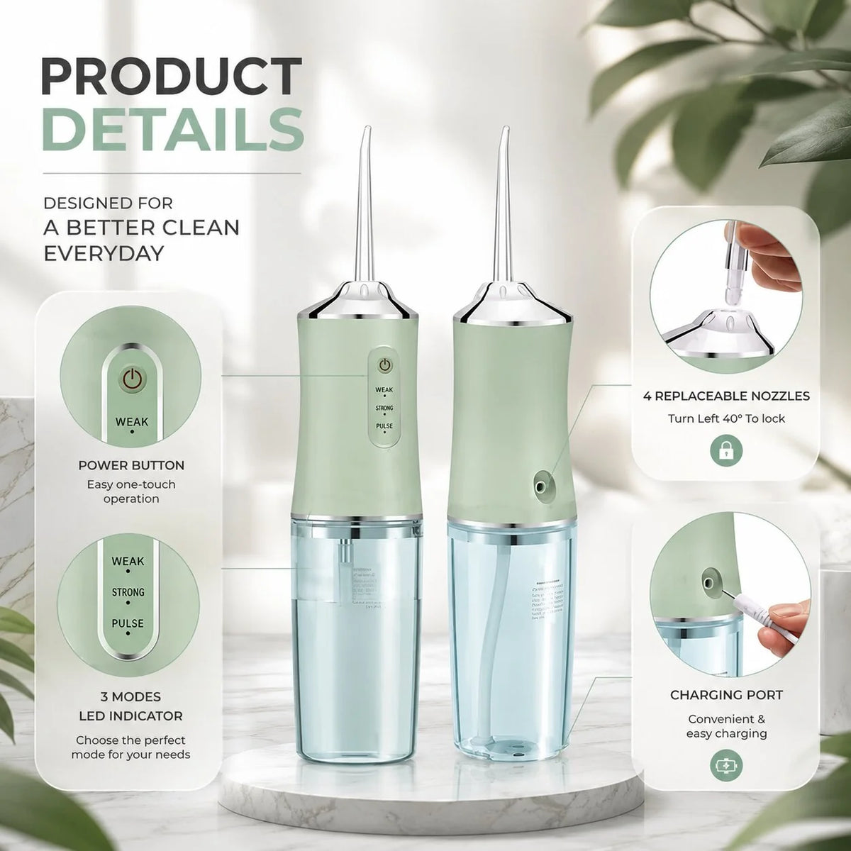 Water Flosser Cordless USB Rechargeable 360 Degree Rotating Tips