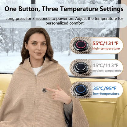 Wearable Heated Blanket USB-Powered Three Heat Levels Zipper Closure