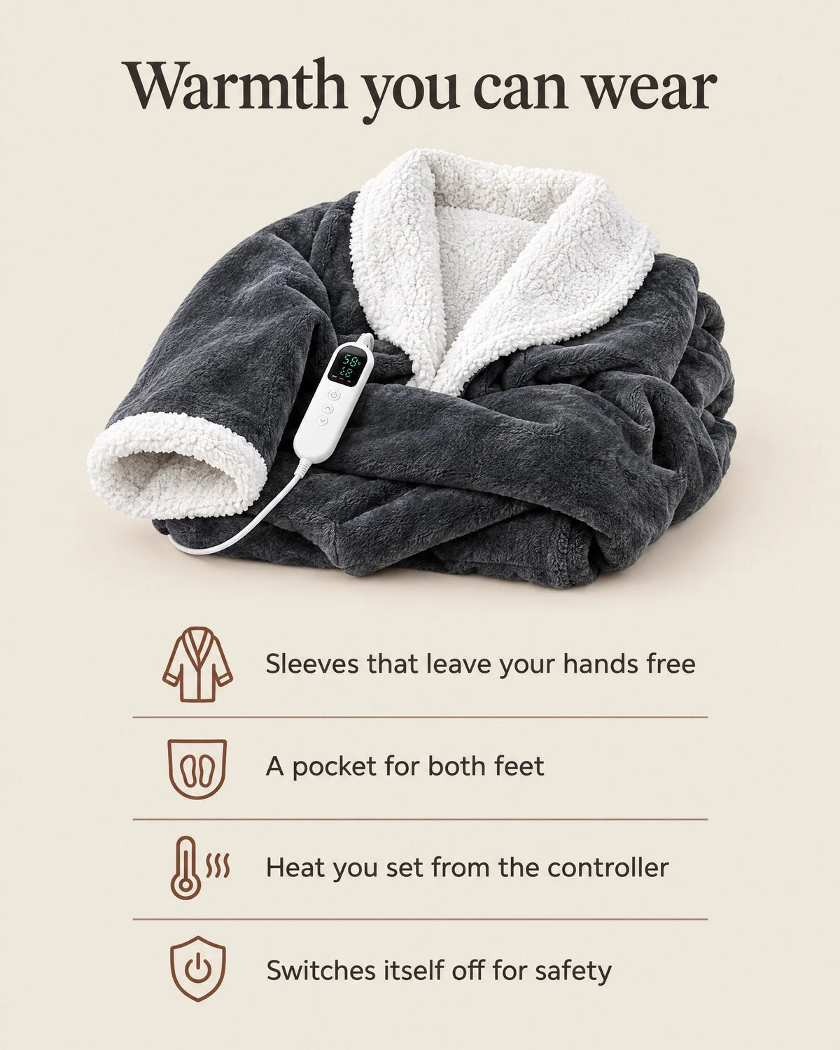 Wearable Heated Blanket With Sleeves Foot Pocket Adjustable Heat