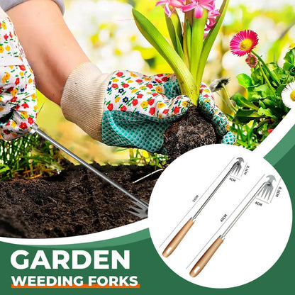 Weeding Fork Stainless Steel Tines Ergonomic Wooden Handle