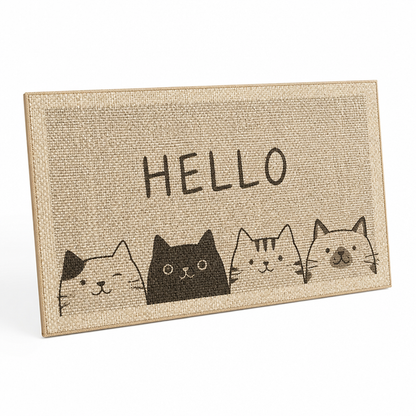 Welcome Mat Cat Print Linen Texture & Non-Slip Backing