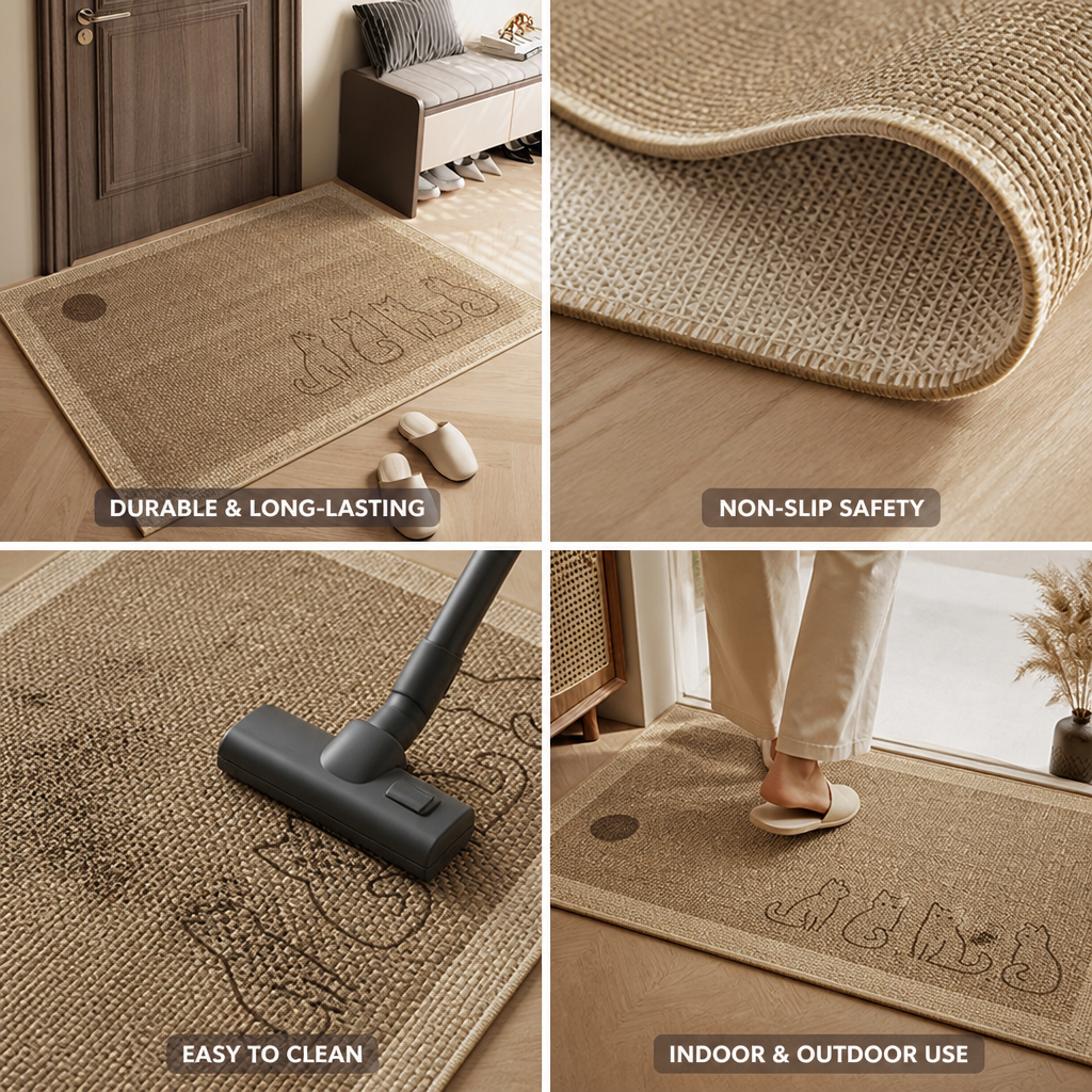 Welcome Mat Cat Print Linen Texture & Non-Slip Backing