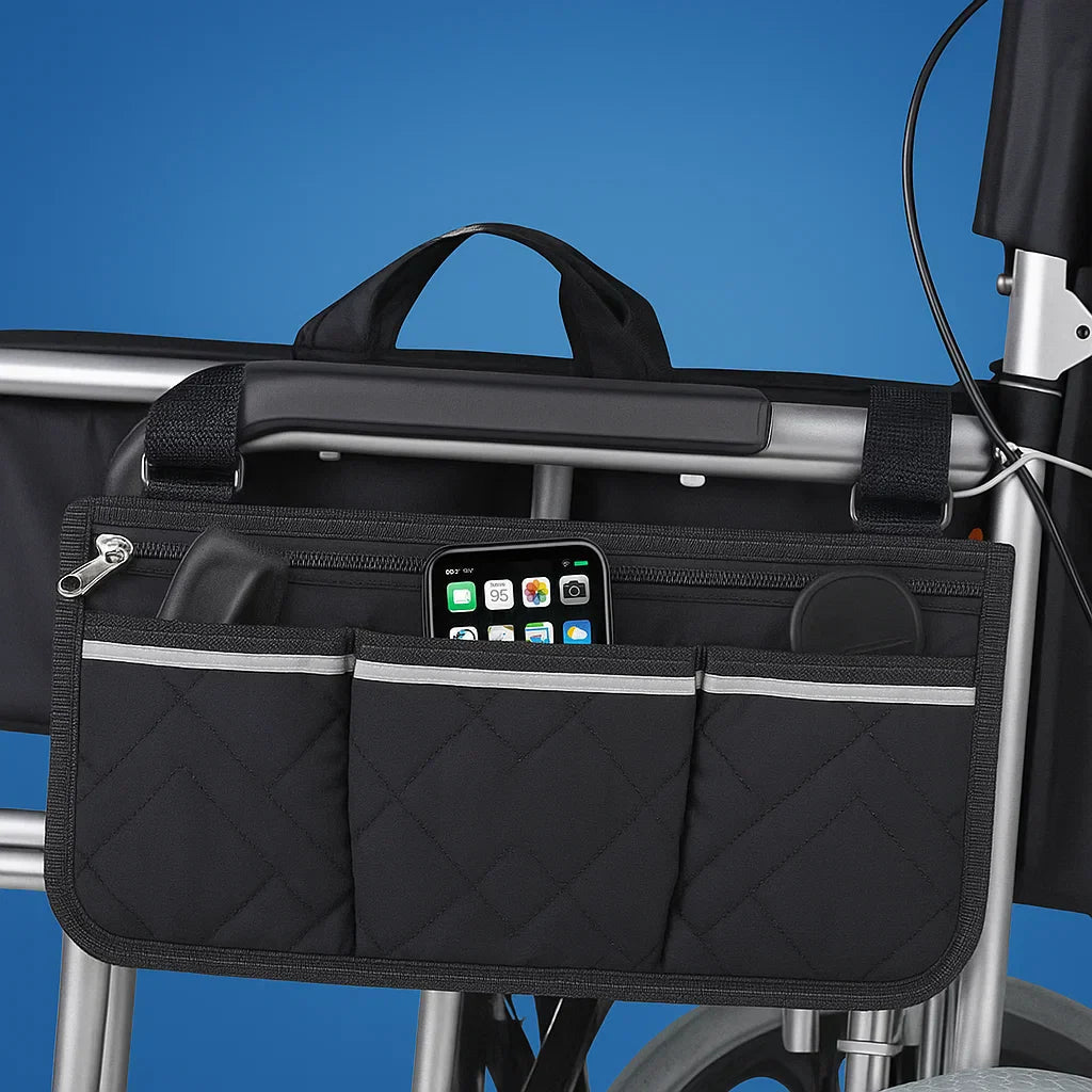 Wheelchair Side Bag Quilted Water-Resistant Reflective Strips