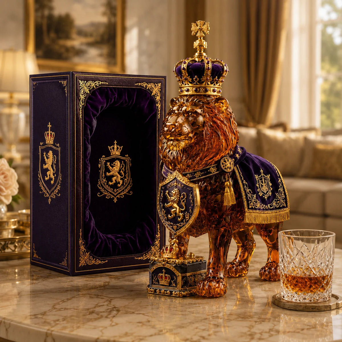Whiskey Decanter Sculpted Lion Glass 11.8 Oz