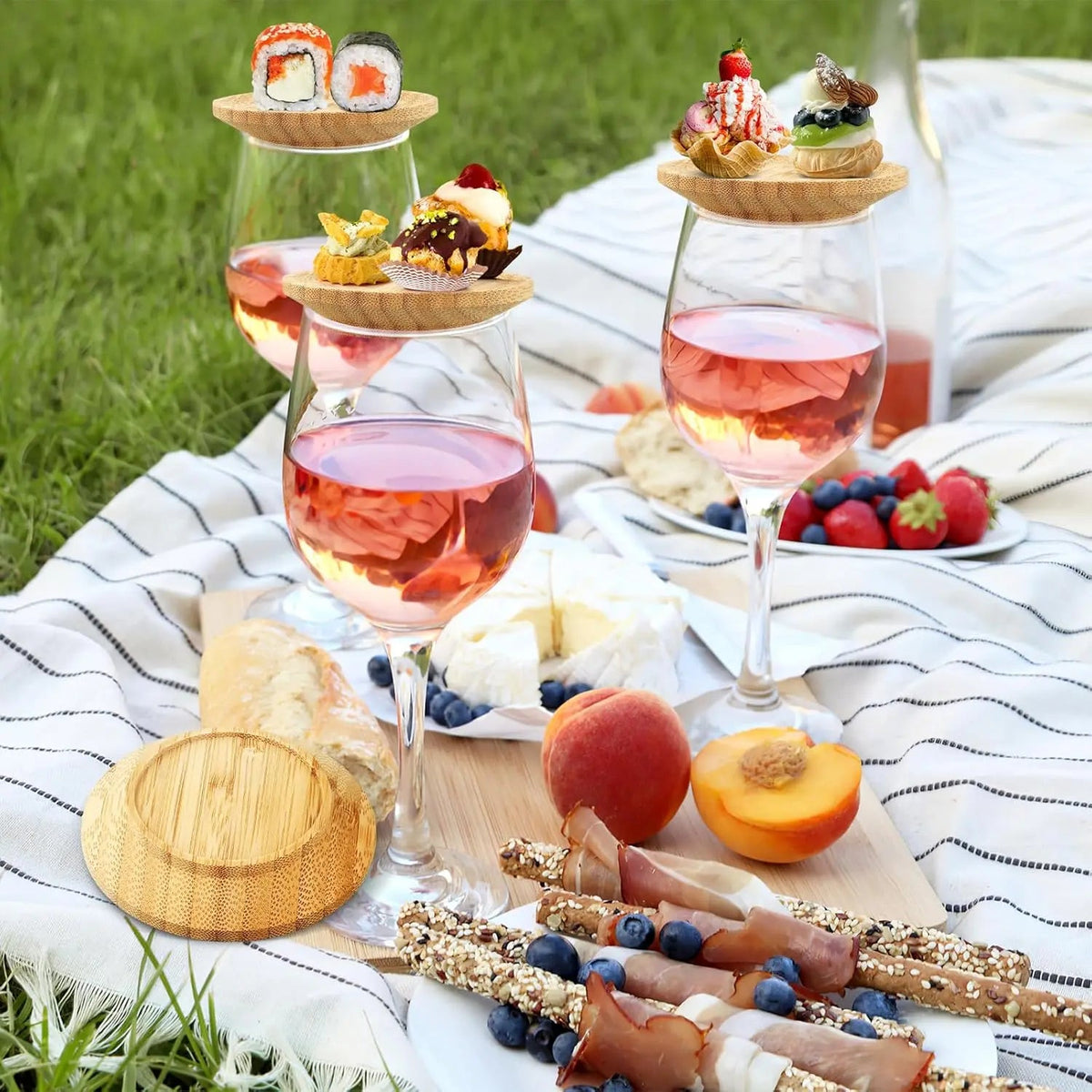 Wine Glass Topper Bamboo Snack Tray Set of 4