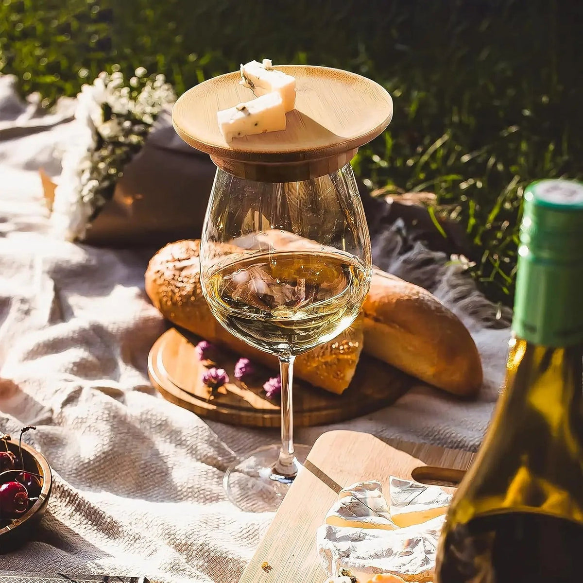 Wine Glass Topper Bamboo Snack Tray Set of 4