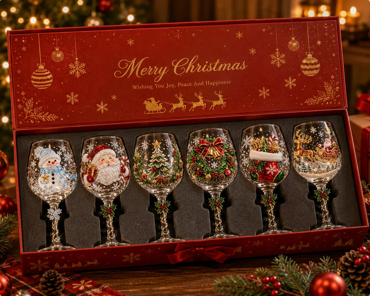 Wine Glasses Raised 3D Holiday Motifs Clear Glass