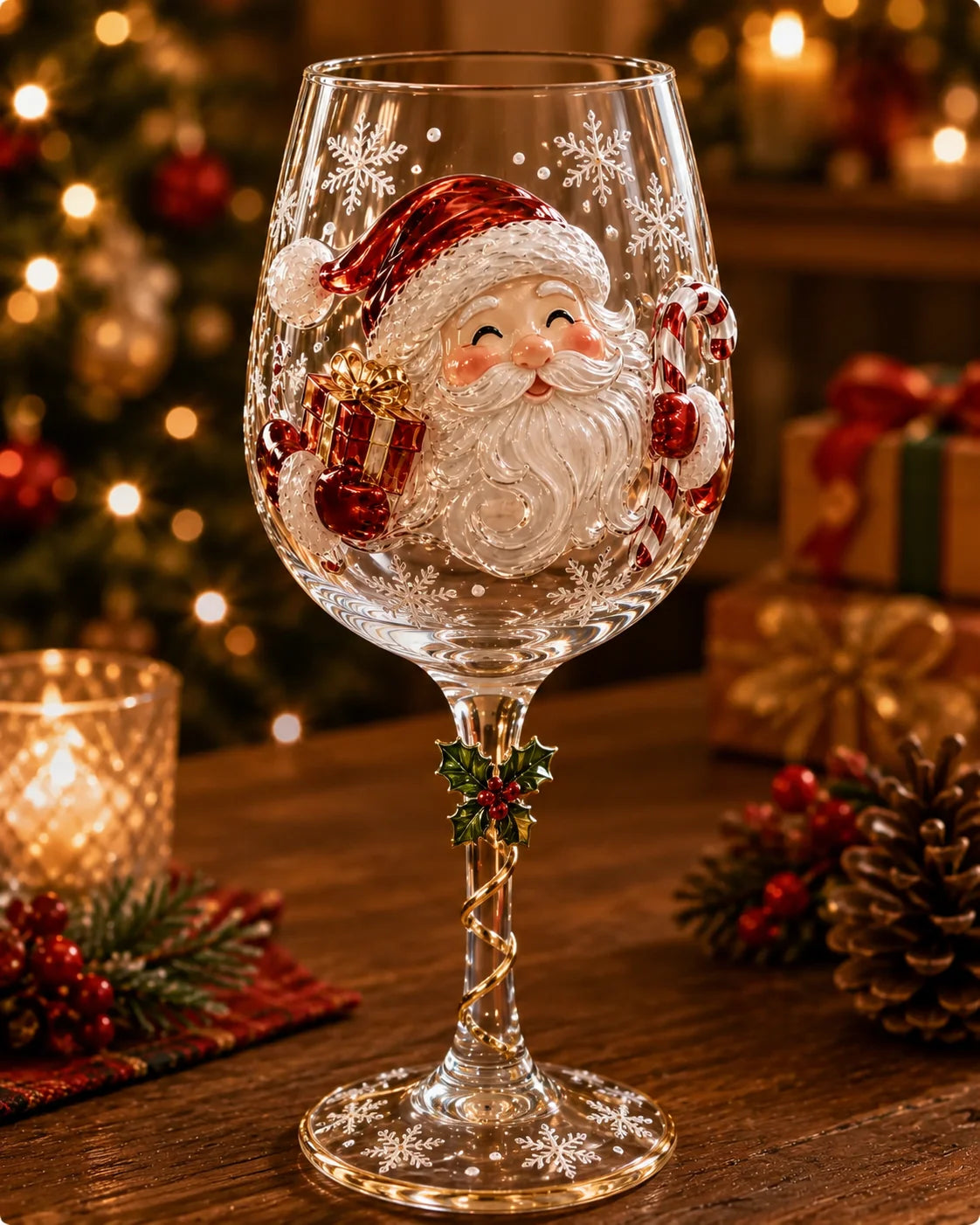 Wine Glasses Raised 3D Holiday Motifs Clear Glass