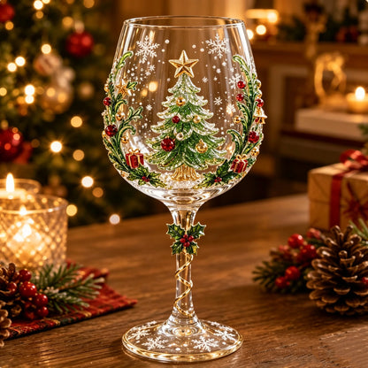 Wine Glasses Raised 3D Holiday Motifs Clear Glass