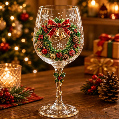 Wine Glasses Raised 3D Holiday Motifs Clear Glass
