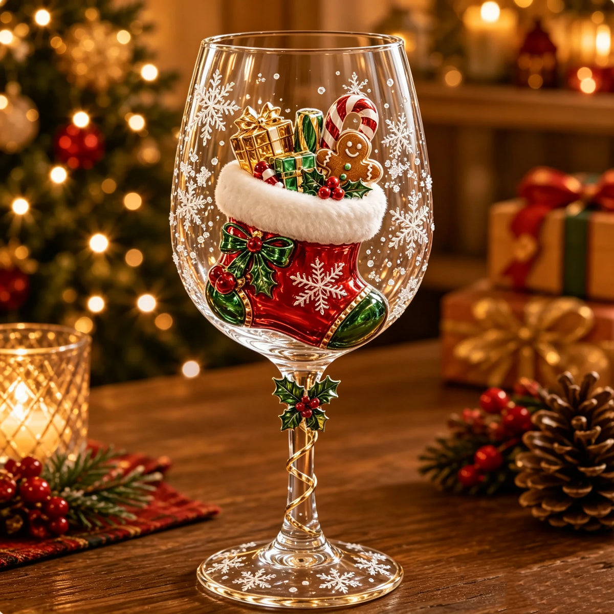 Wine Glasses Raised 3D Holiday Motifs Clear Glass