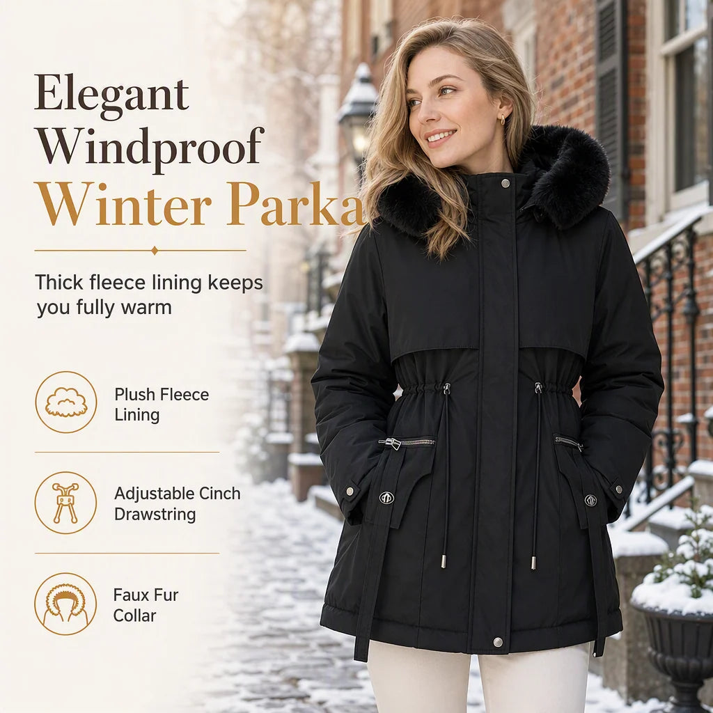 Winter Parka Double Insulated Windproof Adjustable Waist Drawstring