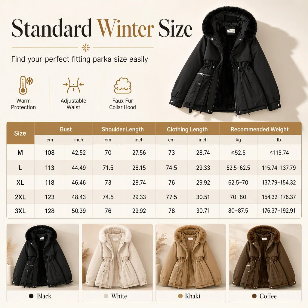 Winter Parka Double Insulated Windproof Adjustable Waist Drawstring