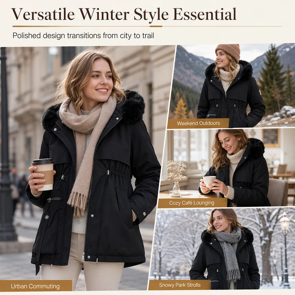 Winter Parka Double Insulated Windproof Adjustable Waist Drawstring