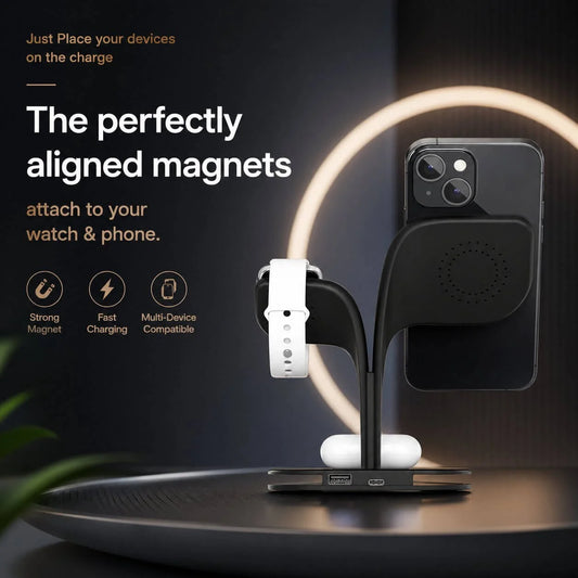 Wireless Charging Station 3-in-1 Magnetic Adjustable Stand