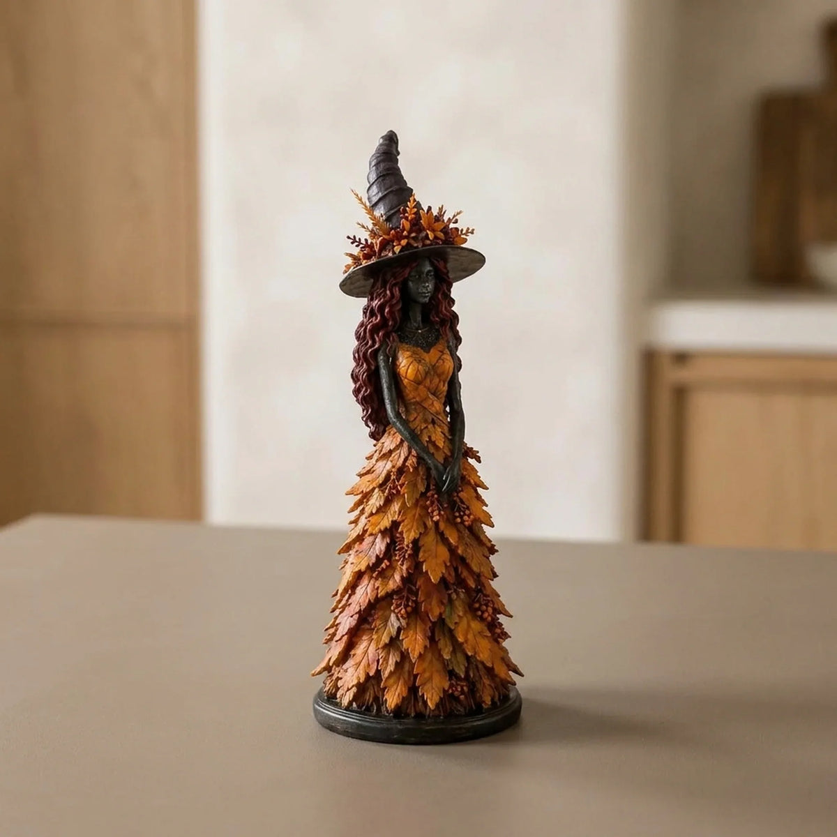 Witch Figurine Leaf-Inspired Sculptural Halloween Decor