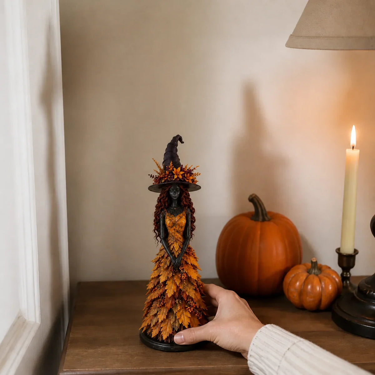 Witch Figurine Leaf-Inspired Sculptural Halloween Decor