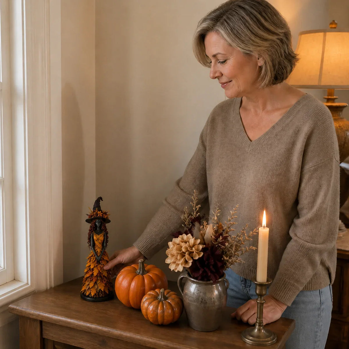 Witch Figurine Leaf-Inspired Sculptural Halloween Decor