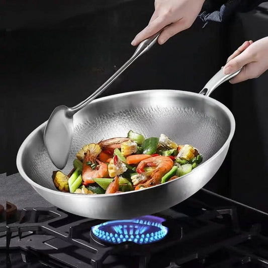 Wok Hammered Stainless Steel Glass Lid 12.6-Inch Deep Design
