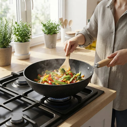 Wok Pan Iron Flat Bottom & Tempered Glass Lid