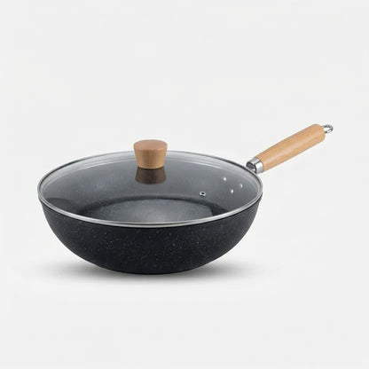 Wok Pan Iron Flat Bottom & Tempered Glass Lid