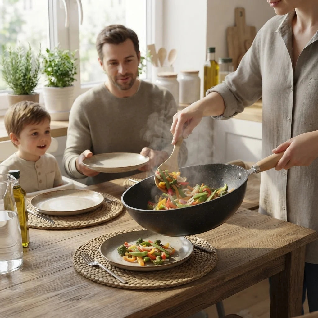 Wok Pan Iron Flat Bottom & Tempered Glass Lid