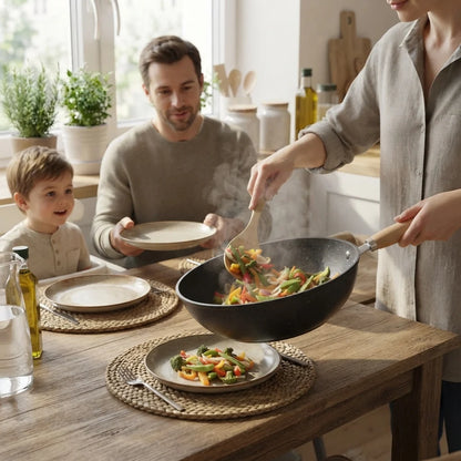 Wok Pan Iron Flat Bottom & Tempered Glass Lid