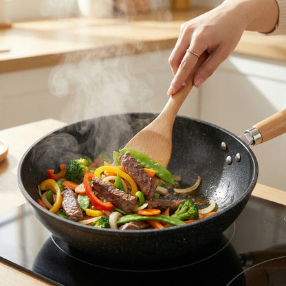 Wok Pan Iron Flat Bottom & Tempered Glass Lid