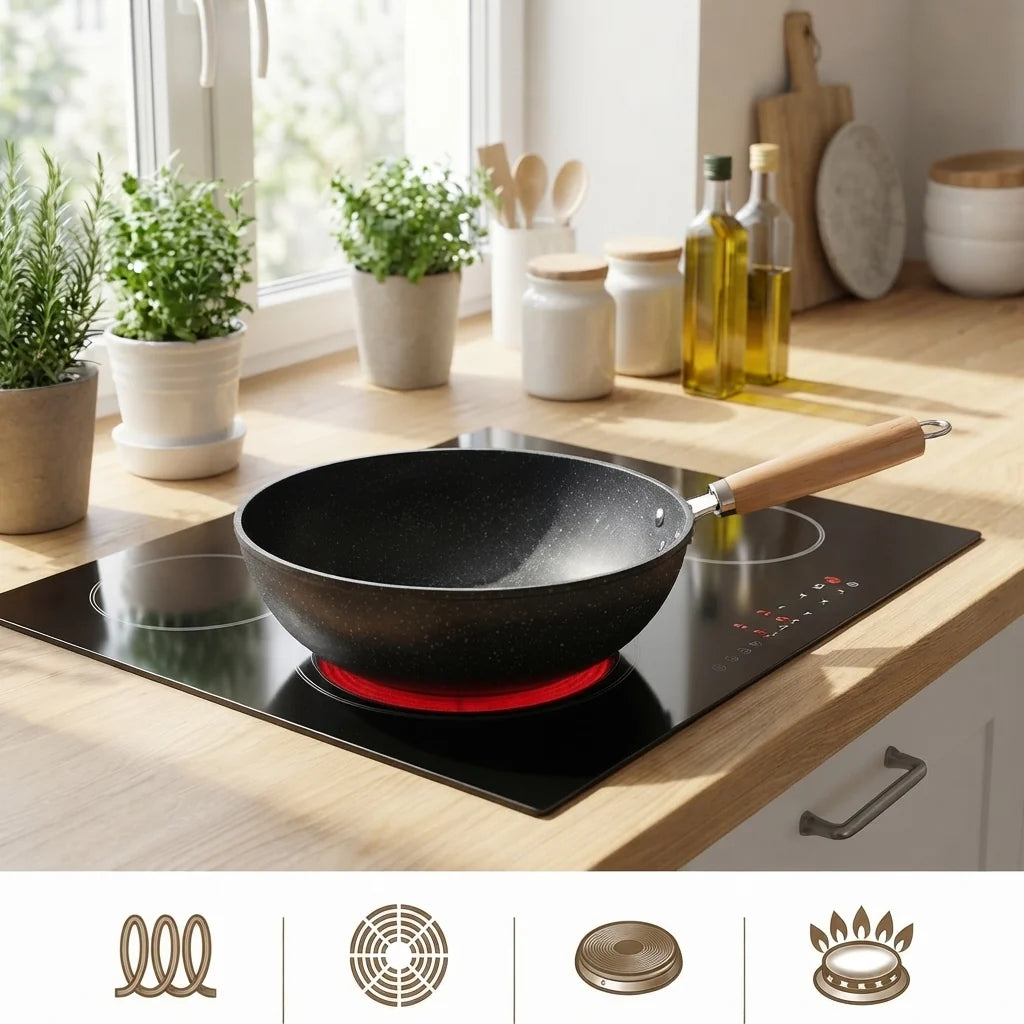 Wok Pan Iron Flat Bottom & Tempered Glass Lid