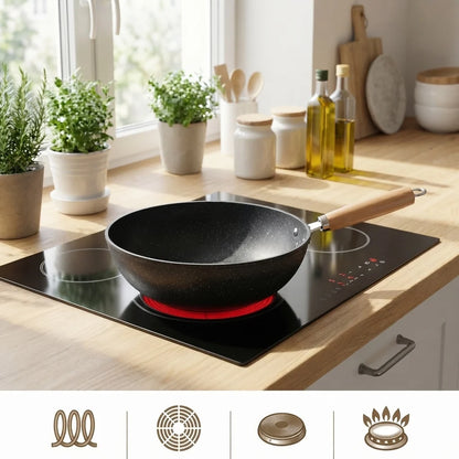 Wok Pan Iron Flat Bottom & Tempered Glass Lid