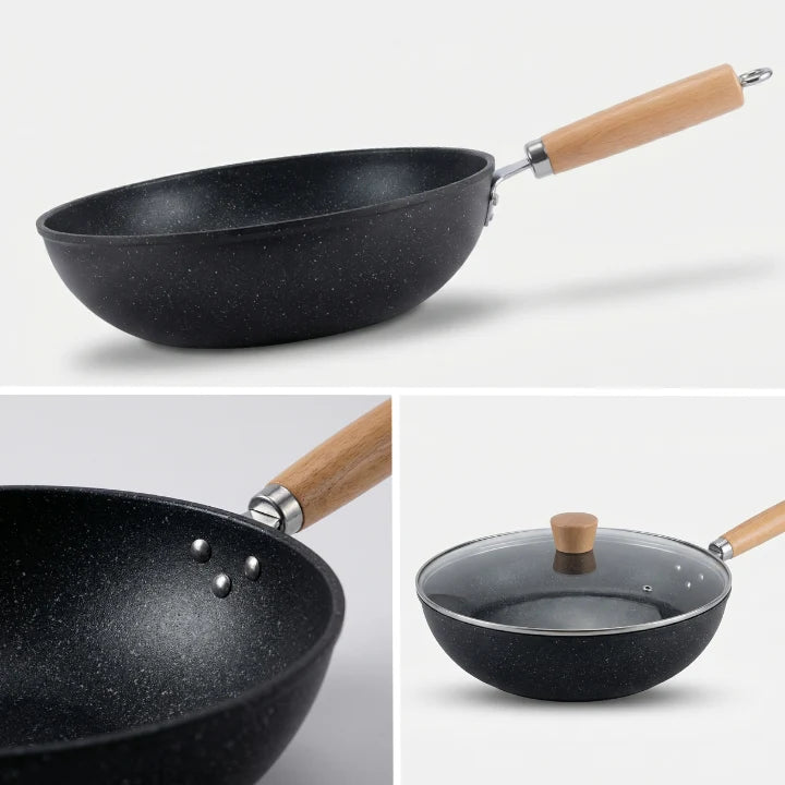 Wok Pan Iron Flat Bottom & Tempered Glass Lid