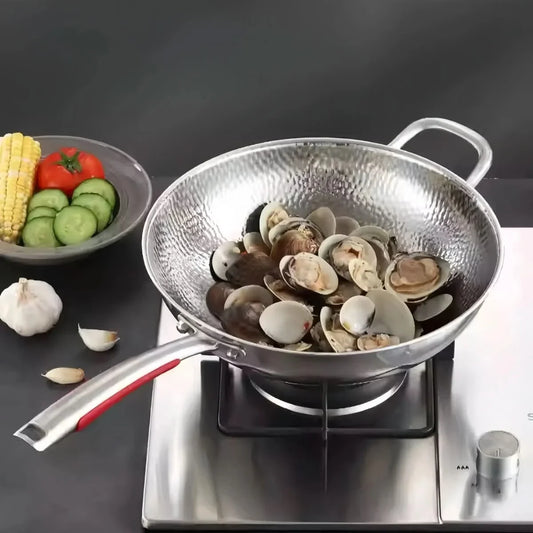 Wok Pan Stainless Steel Rounded Bottom Induction Compatible