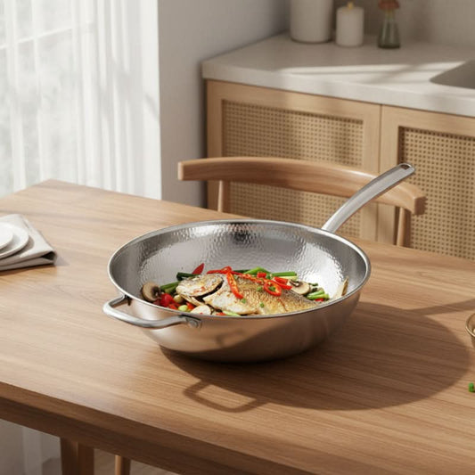 Wok Stainless Steel Induction Compatible Curved Bottom 11.8 Inch