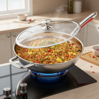 Wok Stainless Steel Induction Compatible Curved Bottom 11.8 Inch
