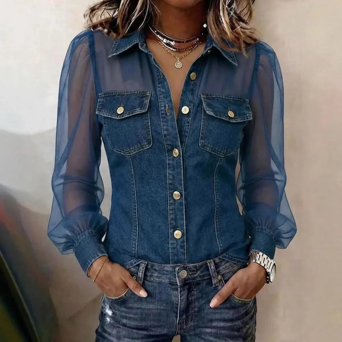 Women's Blouse Puff Sleeve Polyester Denim Loose Fit