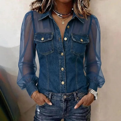Women's Blouse Puff Sleeve Polyester Denim Loose Fit