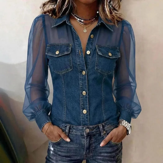 Women's Blouse Puff Sleeve Polyester Denim Loose Fit