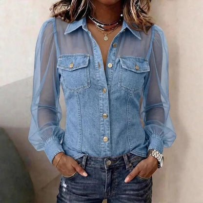 Women's Blouse Puff Sleeve Polyester Denim Loose Fit