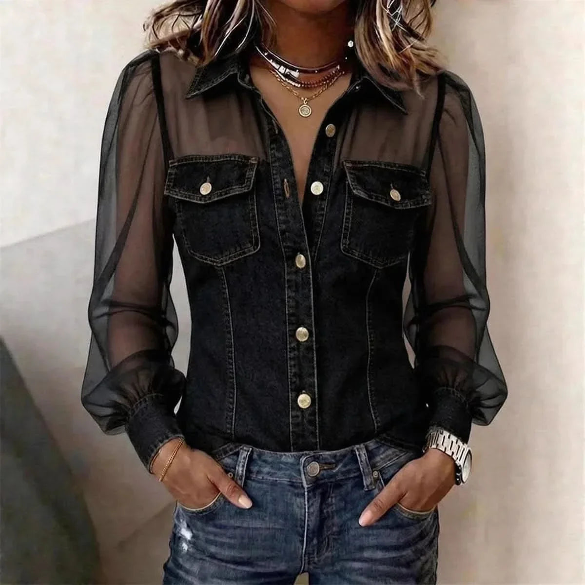 Women's Blouse Puff Sleeve Polyester Denim Loose Fit