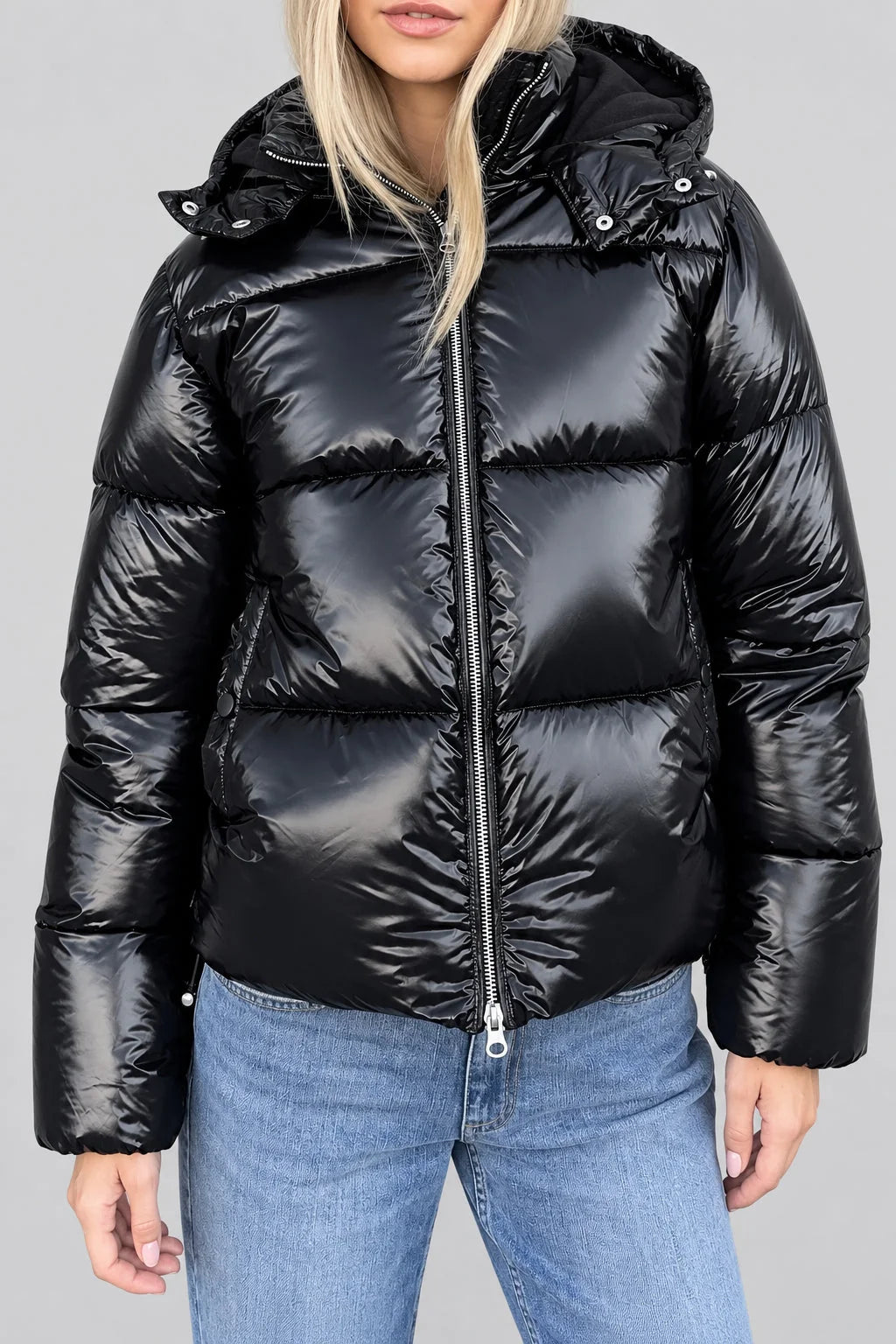 Women's Down Jacket Lightweight Adjustable Hood Glossy Finish