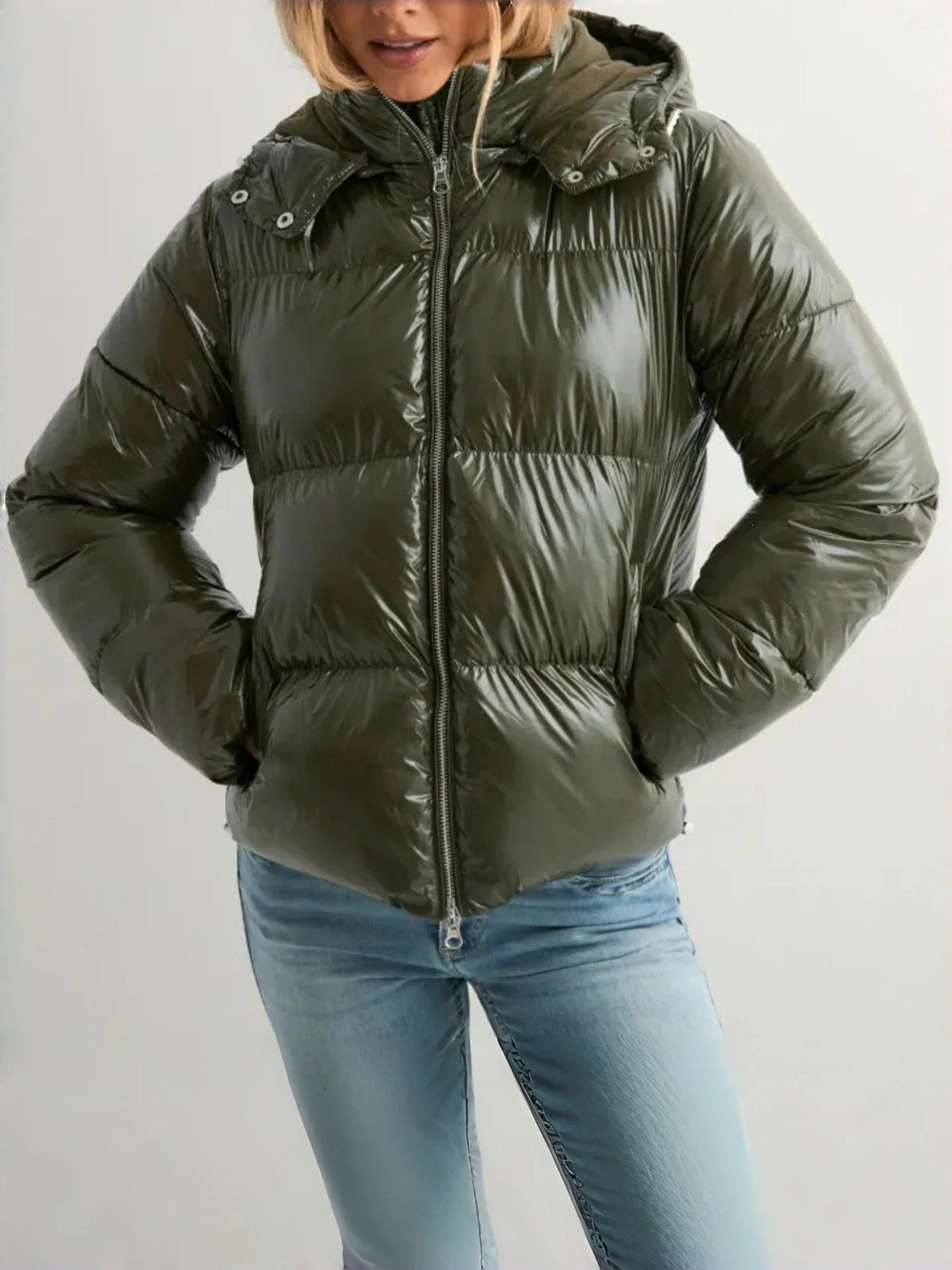 Women's Down Jacket Lightweight Adjustable Hood Glossy Finish