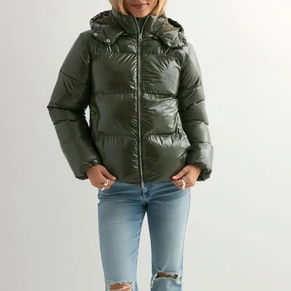 Women's Down Jacket Lightweight Adjustable Hood Glossy Finish