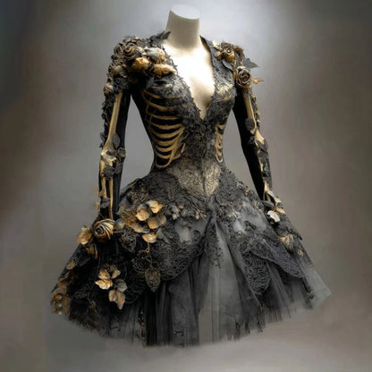 Women's Gothic Dress Skeleton Appliqué Long Sleeve Tiered Skirt