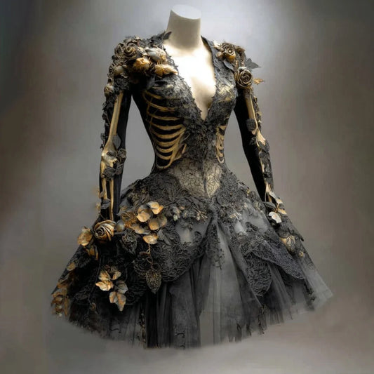 Women's Gothic Dress Skeleton Appliqué Long Sleeve Tiered Skirt