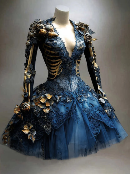Women's Gothic Dress Skeleton Appliqué Long Sleeve Tiered Skirt