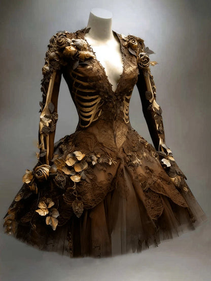 Women's Gothic Dress Skeleton Appliqué Long Sleeve Tiered Skirt