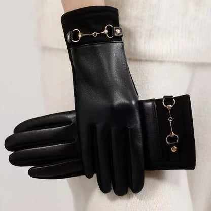 Women's Leather Gloves Touchscreen Compatible Buckle Detail