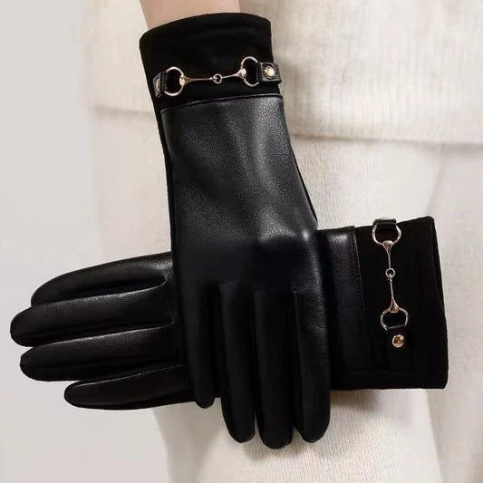 Women's Leather Gloves Touchscreen Compatible Buckle Detail