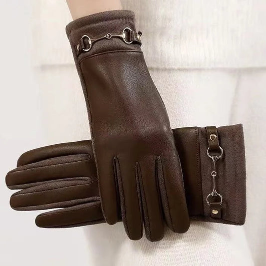 Women's Leather Gloves Touchscreen Compatible Buckle Detail