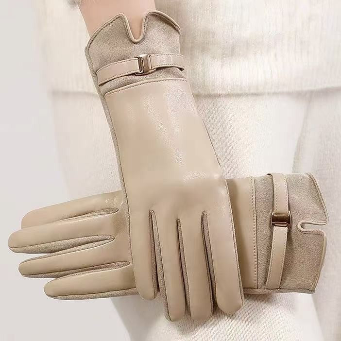 Women's Leather Gloves Touchscreen Compatible Buckle Detail